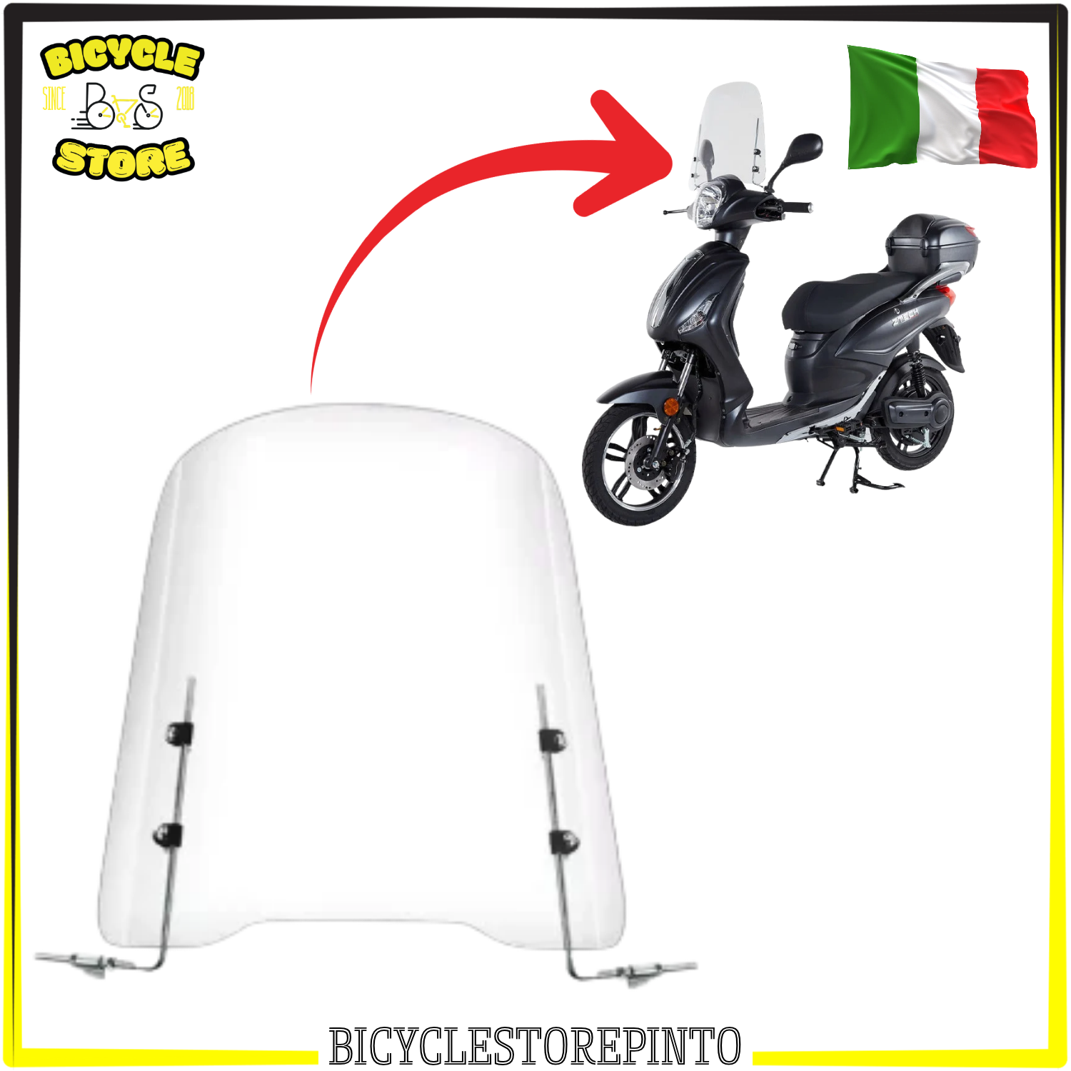 Paravento Parabrezza per Scooter Elettrico 36 × 41 cm in Plexiglass – Completo di Kit Fissaggio agli Specchietti, Compatibile Vitale, ZTech e Modelli Simili