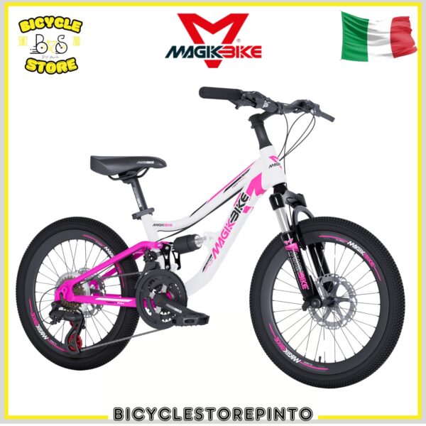 BICICLETTA BAMBINA MAGIKBIKE MTB FULL BIANCO/ROSA BIAMMORTIZZATA 20" 21V