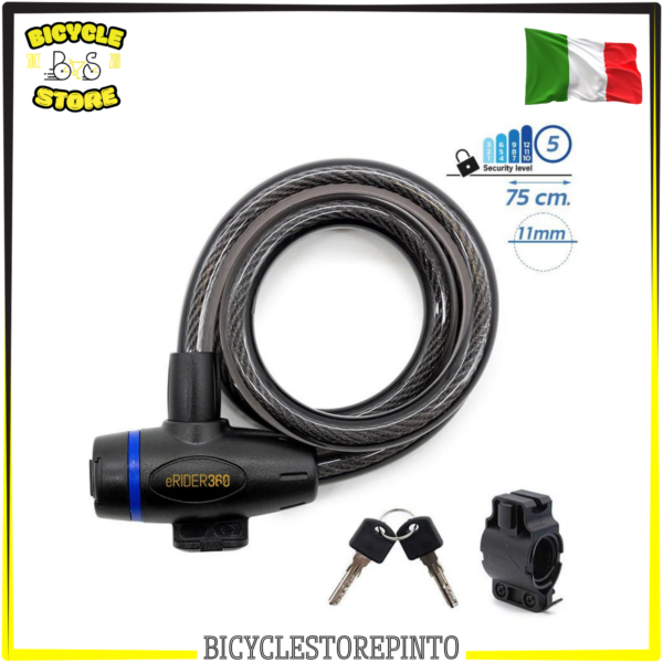Lucchetto Antifurto con Chiave EWLK026 Nero – Lunghezza 75 cm, Spessore 11 mm per Biciclette, E-Bike e Monopattini Elettrici