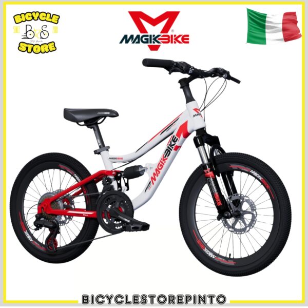 Bicicletta Bambino MTB Full MAGIKBIKE 20" 21V Bianco/Rosso – Biammortizzata con Freni a Disco