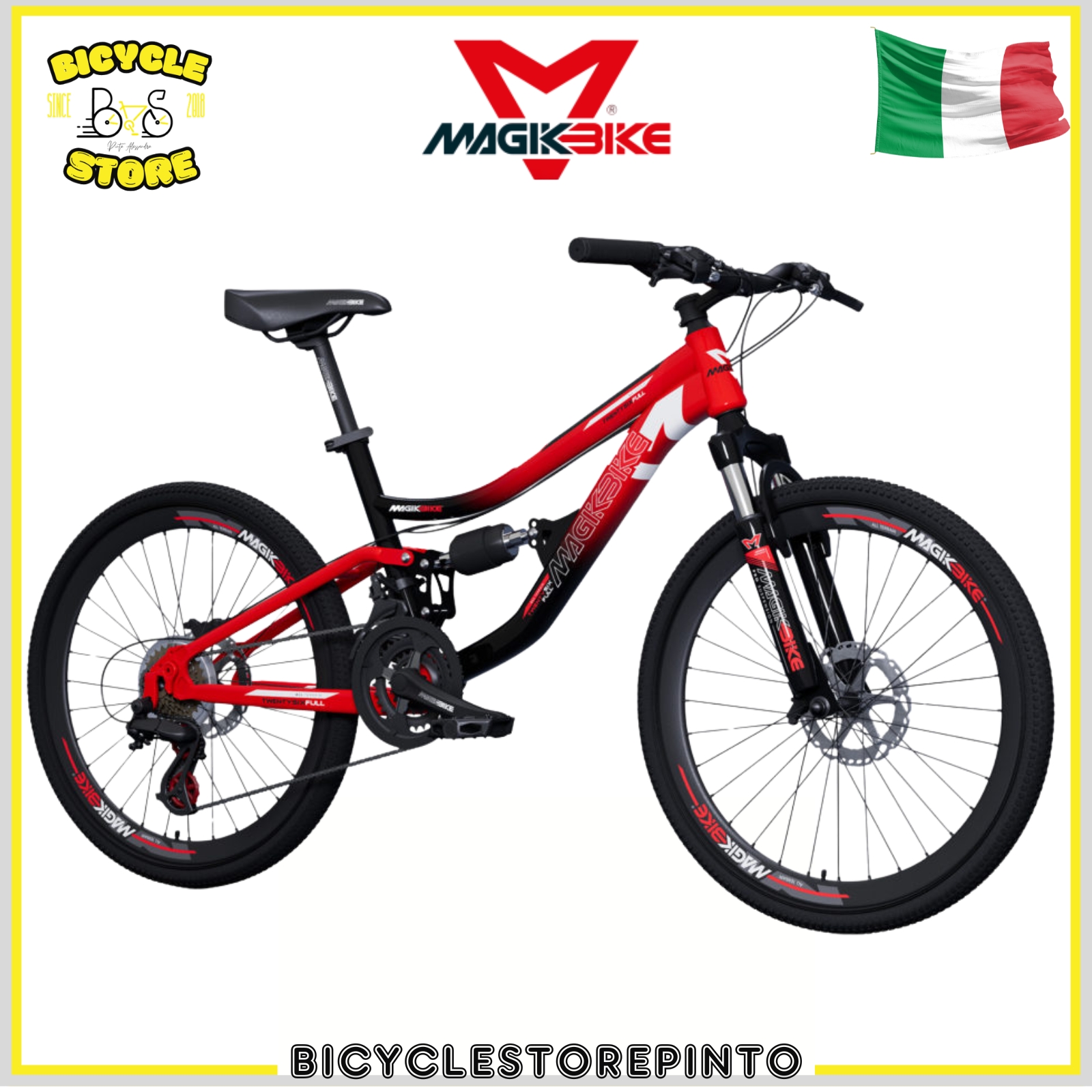Bicicletta Ragazzo MTB Full 24" Biamortizzata MAGIKBIKE Rosso/Nero – 21V Shimano Freni a Disco