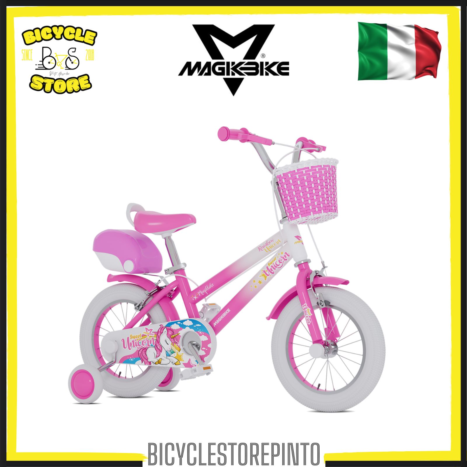 Bicicletta Bambina 14" MAGIKBIKE Rainbow Unicorn - Con Stabilizzatori e Cestino